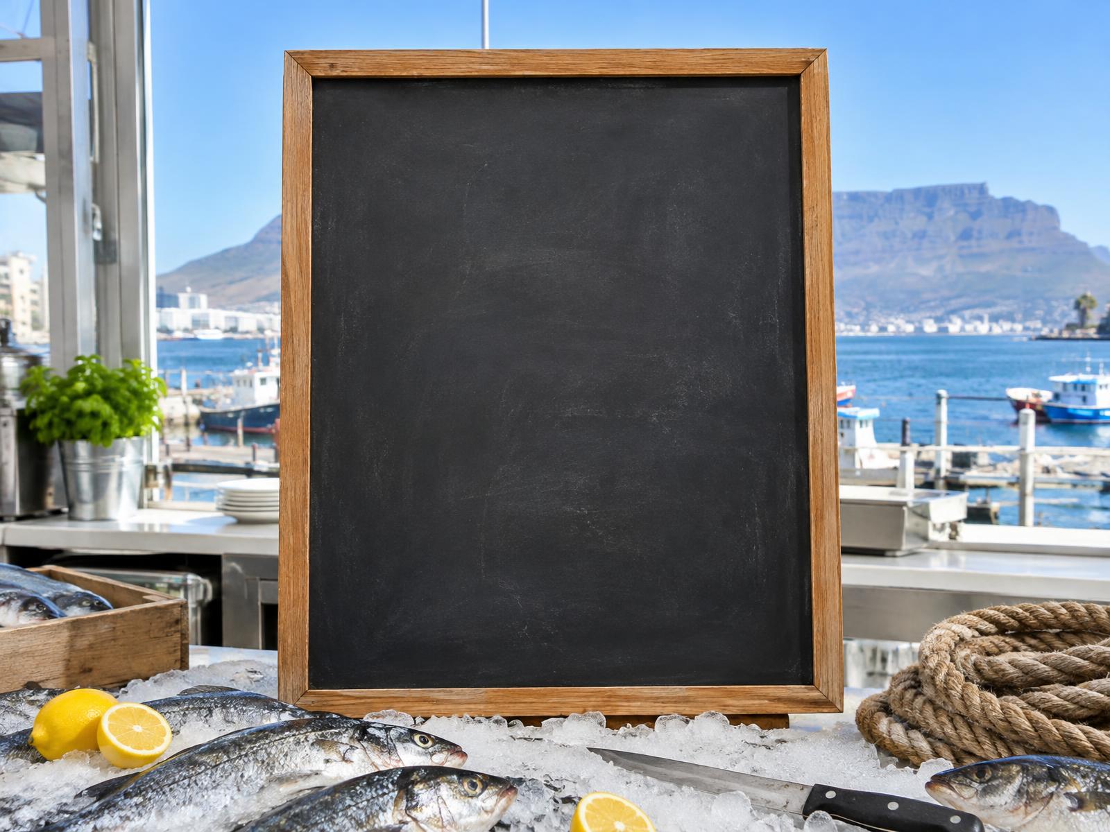 Famous Fish chalkboard on the fish counter with Table Mountain behind